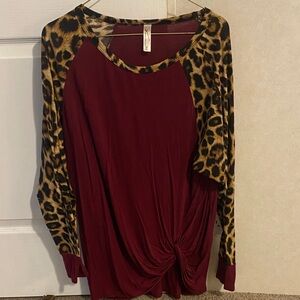 Leopard Print Sleeve Burgundy Women's Top